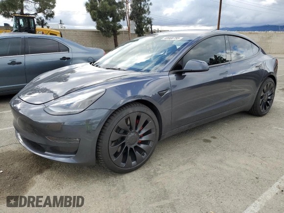 2023 Tesla Model 3 Performance with VIN 5YJ3E1EC9PF633549, listed as a Copart auction lot 48908755 with 23,034 mi miles and Salvage Title. Bid and sale history available at carsss.com. Image 1.