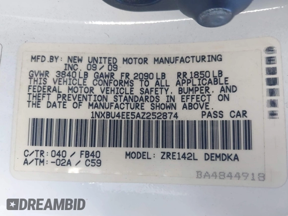 2010 Toyota Corolla with VIN 1NXBU4EE5AZ252874, listed as a IAAI auction lot 41812683 with 135,492 mi miles. Bid and sale history available at carsss.com. Image 9.