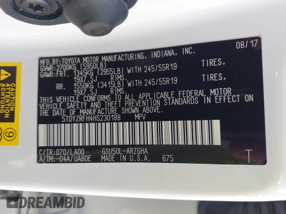 2017 Toyota Highlander Limited with VIN 5TDYZRFH4HS230188, listed as a IAAI auction lot 42382821 with 58,655 mi miles and . Bid and sale history available at DreamBid. Image 9.