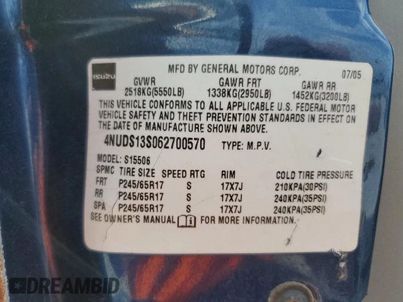 2006 Isuzu Ascender S z VIN 4NUDS13S062700570, wystawiony jako Copart lot #54920305 z przebiegiem 158 263 mil mil oraz Szkoda całkowita • Salvage title. Historia ofert i sprzedaży dostępna na DreamBid. Obrazek 13.