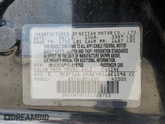 2014 Nissan Versa SV with VIN 3N1CN7AP1EL828753, listed as a Copart auction lot 54168155 with 86,369 mi miles and Salvage Title. Bid and sale history available at DreamBid. Image 13.