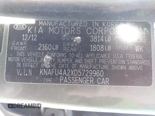 2013 Kia Forte EX with VIN KNAFU4A2XD5729960, listed as a IAAI auction lot 42208276 with 288,080 mi miles. Bid and sale history available at carsss.com. Image 9.