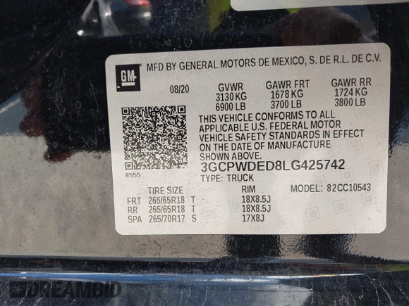 2020 Chevrolet Silverado 1500 RST with VIN 3GCPWDED8LG425742, listed as a IAAI auction lot 40720738 with Not Provided miles and . Bid and sale history available at DreamBid. Image 9.