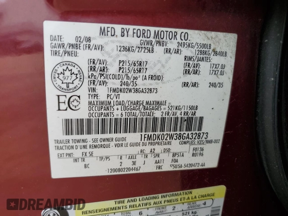 2008 Ford Taurus X SEL с VIN 1FMDK02W38GA32873, выставлен на аукционе Copart как лот 61338115 с пробегом 192 806 миль миль и Чистый • Clean title. История ставок и продаж доступна на DreamBid. Изображение 12.