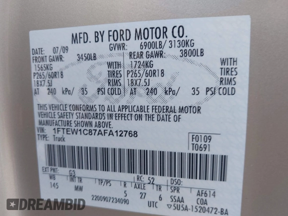 2010 Ford F-150 XL with VIN 1FTEW1C87AFA12768, listed as a IAAI auction lot 41450277 with 89,314 mi miles. Bid and sale history available at carsss.com. Image 9.