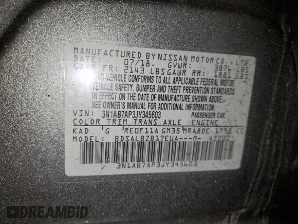 2018 Nissan Sentra S z VIN 3N1AB7AP3JY345603, wystawiony jako Copart lot #56594675 z przebiegiem 78 811 mil mil oraz Szkoda całkowita • Salvage title. Historia ofert i sprzedaży dostępna na DreamBid. Obrazek 13.