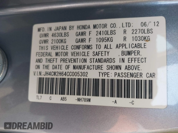 2012 Acura TSX Technology with VIN JH4CW2H64CC005302, listed as a IAAI auction lot 41905598 with 64,471 mi miles and . Bid and sale history available at DreamBid. Image 9.