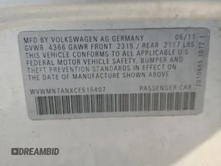 2012 Volkswagen CC Sport z VIN WVWMN7ANXCE515407, wystawiony jako Copart lot #52507705 z przebiegiem 181 036 mil mil oraz Szkoda całkowita • Salvage title. Historia ofert i sprzedaży dostępna na DreamBid. Obrazek 14.