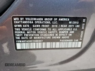 2012 Volkswagen Passat S with VIN 1VWAH7A30CC096307, listed as a Copart auction lot 63199545 with 120,348 mi miles and Salvage title. Bid and sale history available at DreamBid. Image 12.