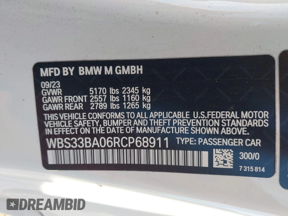 2024 BMW M4 Competition xDrive with VIN WBS33BA06RCP68911, listed as a IAAI auction lot 41166456 with 11,081 mi miles and . Bid and sale history available at DreamBid. Image 9.