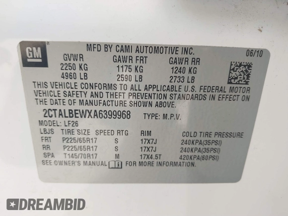 2010 GMC Terrain SLE-1 with VIN 2CTALBEWXA6399968, listed as a IAAI auction lot 41498628 with 1 mi miles. Bid and sale history available at carsss.com. Image 9.
