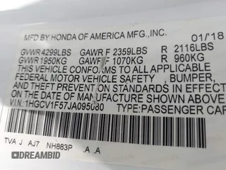2018 Honda Accord EX-L with VIN 1HGCV1F57JA095080, listed as a IAAI auction lot 42472266 with 156,223 mi miles and . Bid and sale history available at DreamBid. Image 9.
