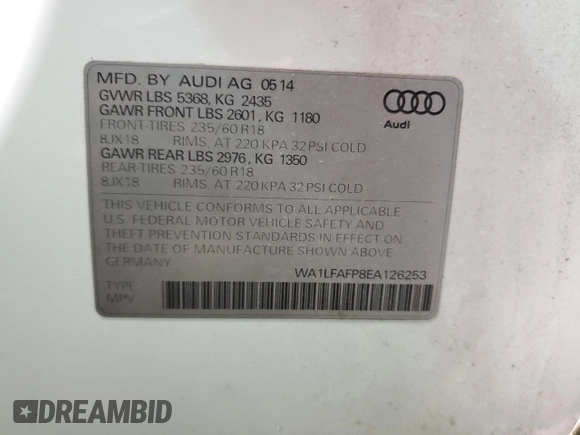 2014 Audi Q5 Premium Plus with VIN WA1LFAFP8EA126253, listed as a Copart auction lot 51458675 with 130,016 mi miles and Clean Title. Bid and sale history available at carsss.com. Image 13.