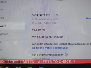 2019 Tesla Model 3 Long Range with VIN 5YJ3E1EB7KF442390, listed as a IAAI auction lot 41700122 with 65,539 mi miles. Bid and sale history available at carsss.com. Image 16.
