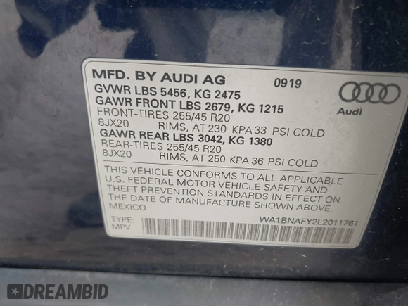 2020 Audi Q5 Premium Plus with VIN WA1BNAFY2L2011761, listed as a IAAI auction lot 41838718 with 63,150 mi miles. Bid and sale history available at carsss.com. Image 9.