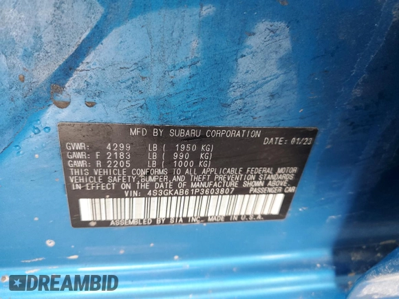 2023 Subaru Impreza with VIN 4S3GKAB61P3603807, listed as a Copart auction lot 84724114 with 25,825 mi miles and Salvage title. Bid and sale history available at DreamBid. Image 13.