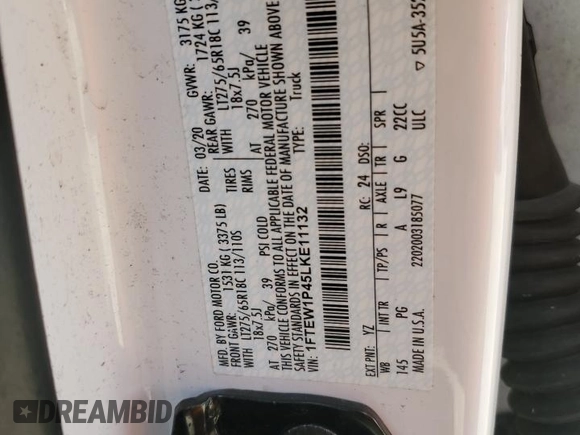 2020 Ford F-150 with VIN 1FTEW1P45LKE11132, listed as a Copart auction lot 78421814 with 68,458 mi miles and Non repairable. Bid and sale history available at DreamBid. Image 12.