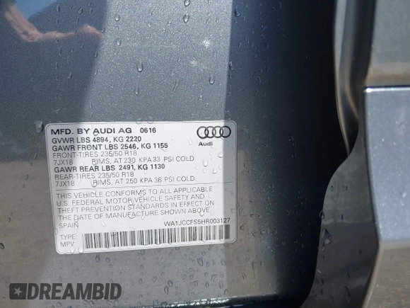 2017 Audi Q3 Premium Plus z VIN WA1JCCFS5HR003127, wystawiony jako IAAI lot #42060877 z przebiegiem 78 881 mil mil oraz . Historia ofert i sprzedaży dostępna na DreamBid. Obrazek 9.