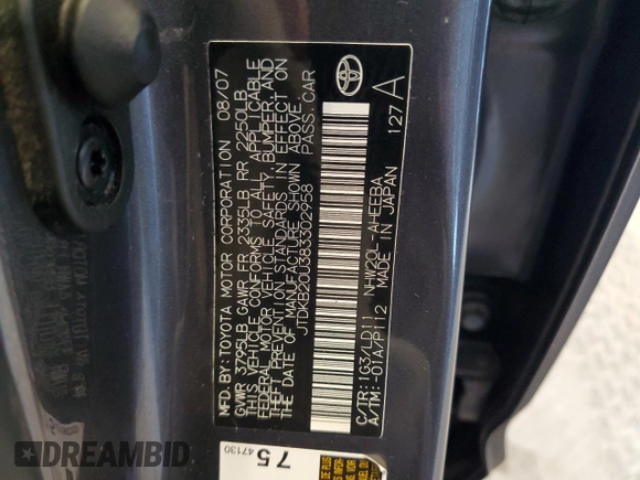 2008 Toyota Prius with VIN JTDKB20U383302958, listed as a Copart auction lot 62598925 with 187,248 mi miles and Salvage title. Bid and sale history available at DreamBid. Image 12.