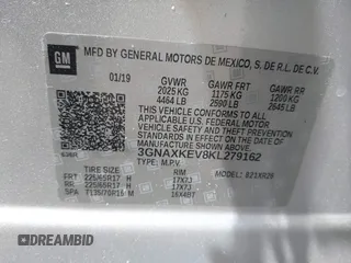 2019 Chevrolet Equinox LT with VIN 3GNAXKEV8KL279162, listed as a IAAI auction lot 41898304 with 69,492 mi miles. Bid and sale history available at carsss.com. Image 9.