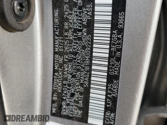 2021 Lexus ES 350 F Sport with VIN 58AGZ1B18MU092235, listed as a Copart auction lot 57980725 with 52,084 mi miles and Non repairable. Bid and sale history available at DreamBid. Image 12.