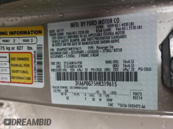 2017 Ford Fusion S with VIN 3FA6P0G75HR319615, listed as a Copart auction lot 51743475 with 128,915 mi miles and Salvage Title. Bid and sale history available at carsss.com. Image 12.