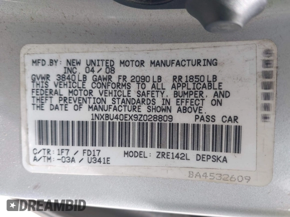 2009 Toyota Corolla with VIN 1NXBU40EX9Z028809, listed as a IAAI auction lot 42111892 with 156,182 mi miles. Bid and sale history available at carsss.com. Image 9.