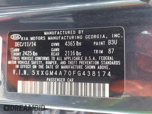 2015 Kia Optima LX with VIN 5XXGM4A70FG438174, listed as a IAAI auction lot 42267399 with 132,406 mi miles and . Bid and sale history available at DreamBid. Image 9.