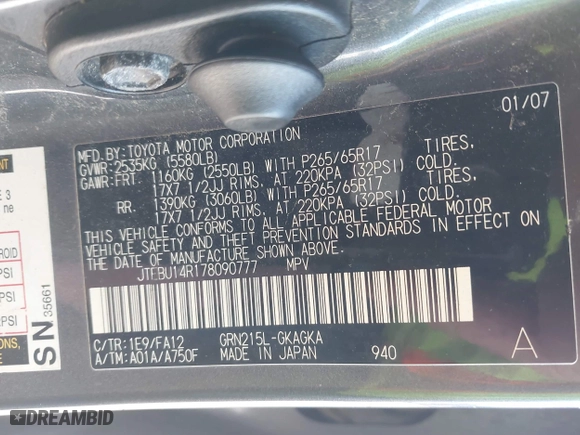 2007 Toyota 4Runner SR5 with VIN JTEBU14R178090777, listed as a IAAI auction lot 41750605 with 328,394 mi miles. Bid and sale history available at carsss.com. Image 9.