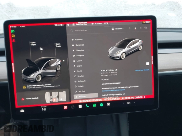 2023 Tesla Model 3 Long Range with VIN 5YJ3E1EB3PF389517, listed as a IAAI auction lot 41484978 with 13,411 mi miles and . Bid and sale history available at DreamBid. Image 18.