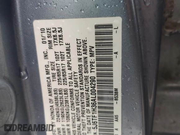 2010 Honda Crosstour EX with VIN 5J6TF1H36AL004290, listed as a Copart auction lot 81375194 with 144,199 mi miles and Salvage Title. Bid and sale history available at carsss.com. Image 12.