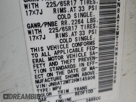 2017 Nissan Rogue SV z VIN JN8AT2MT2HW145906, wystawiony jako Copart lot #44568115 z przebiegiem 104 561 mil mil oraz Szkoda całkowita • Salvage title. Historia ofert i sprzedaży dostępna na DreamBid. Obrazek 15.