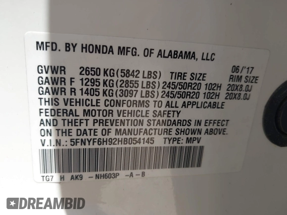 2017 Honda Pilot Touring with VIN 5FNYF6H92HB054145, listed as a IAAI auction lot 42200391 with 70,096 mi miles and . Bid and sale history available at DreamBid. Image 9.