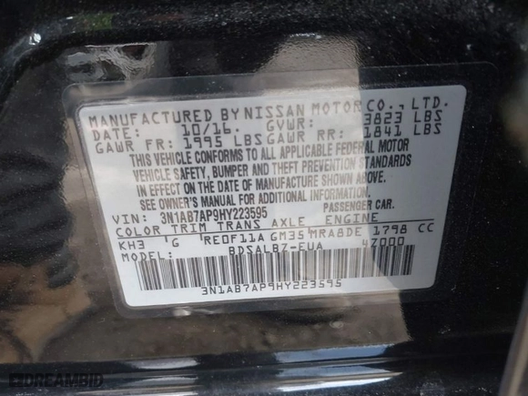 2017 Nissan Sentra SV with VIN 3N1AB7AP9HY223595, listed as a IAAI auction lot 41706424 with 110,555 mi miles. Bid and sale history available at carsss.com. Image 9.
