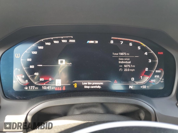 2021 BMW M3 with VIN WBS53AY03MFL42464, listed as a Copart auction lot 42829735 with 19,875 mi miles and Salvage Title. Bid and sale history available at carsss.com. Image 9.