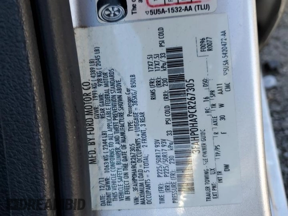 2012 Ford Fusion SE with VIN 3FAHP0HA9CR267305, listed as a Copart auction lot 77114304 with 165,781 mi miles and Salvage Title. Bid and sale history available at carsss.com. Image 12.