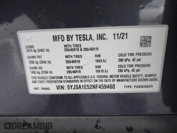 2022 Tesla Model S with VIN 5YJSA1E52NF459460, listed as a IAAI auction lot 41736236 with Not Provided miles and . Bid and sale history available at DreamBid. Image 9.