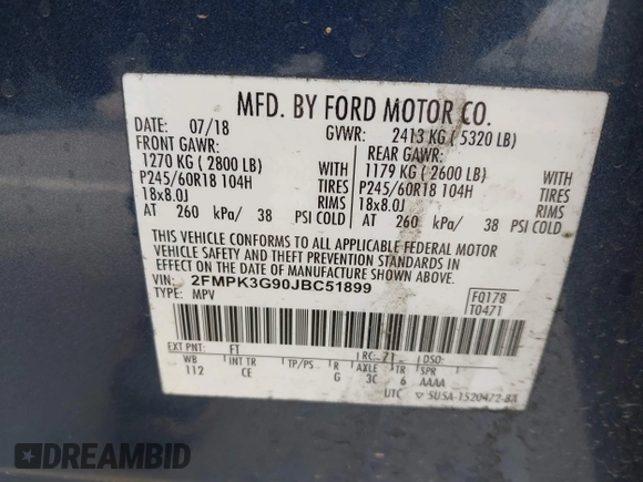 2018 Ford Edge SE z VIN 2FMPK3G90JBC51899, wystawiony jako IAAI lot #42352934 z przebiegiem 68 203 mil mil oraz . Historia ofert i sprzedaży dostępna na DreamBid. Obrazek 9.