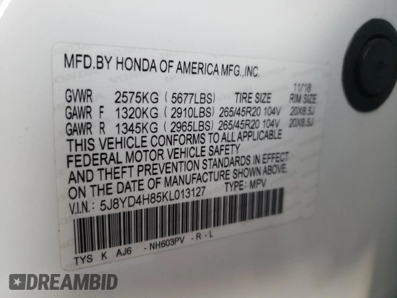 2019 Acura MDX w/Advance Pkg with VIN 5J8YD4H85KL013127, listed as a Copart auction lot 68181052 with 75,825 mi miles. Bid and sale history available at carsss.com. Image 13.