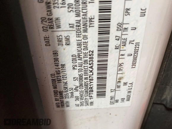 2020 Ford Transit Cargo with VIN 1FTBR1Y87LKA53852, listed as a IAAI auction lot 42300106 with 89,023 mi miles and . Bid and sale history available at DreamBid. Image 1.