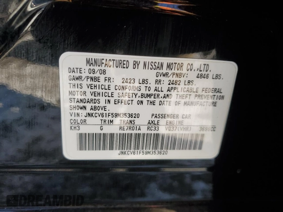 2009 Infiniti G37 x with VIN JNKCV61F59M353620, listed as a Copart auction lot 89142505 with 111,229 mi miles and Salvage Title. Bid and sale history available at carsss.com. Image 12.