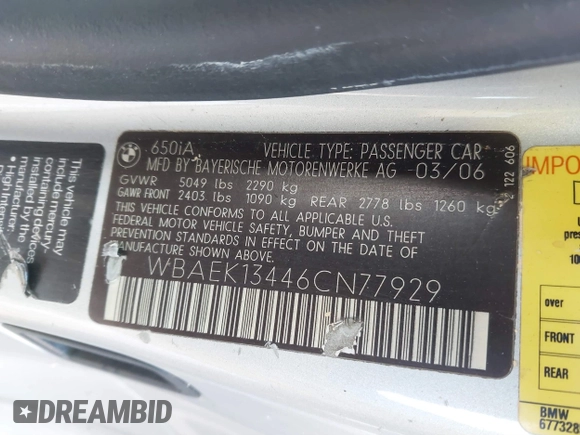 2006 BMW 6 Series 650Ci z VIN WBAEK13446CN77929, wystawiony jako IAAI lot #41853425 z przebiegiem 133 515 mil mil oraz . Historia ofert i sprzedaży dostępna na DreamBid. Obrazek 9.