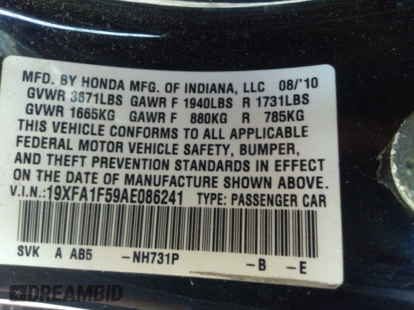 2010 Honda Civic LX with VIN 19XFA1F59AE086241, listed as a IAAI auction lot 41775385 with 188,240 mi miles and . Bid and sale history available at DreamBid. Image 9.