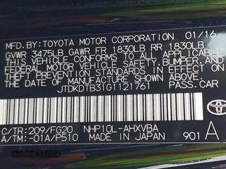 2016 Toyota Prius One with VIN JTDKDTB31G1121761, listed as a IAAI auction lot 42054087 with 93,128 mi miles and . Bid and sale history available at DreamBid. Image 9.