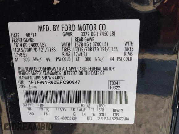2014 Ford F-150 SVT Raptor with VIN 1FTFW1R60EFC90847, listed as a IAAI auction lot 41823834 with 169,549 mi miles and . Bid and sale history available at carsss.com. Image 9.