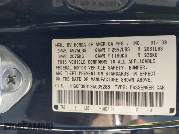 2009 Honda Accord EX-L with VIN 1HGCP36819A035288, listed as a IAAI auction lot 42217697 with 117,827 mi miles and . Bid and sale history available at DreamBid. Image 9.