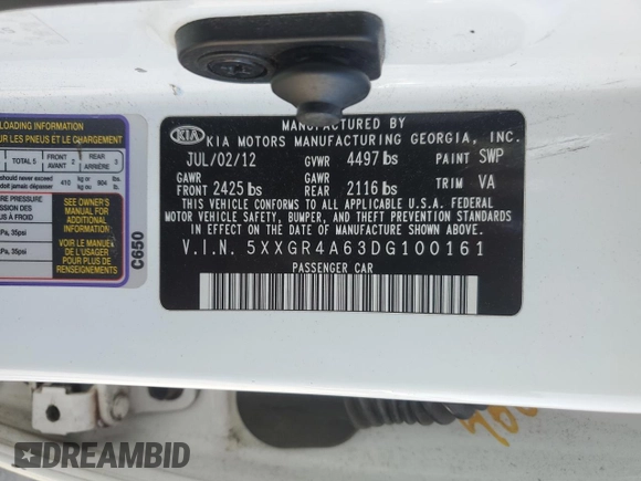 2013 Kia Optima SX z VIN 5XXGR4A63DG100161, wystawiony jako Copart lot #55036865 z przebiegiem Nie podano mil oraz Szkoda całkowita • Salvage title. Historia ofert i sprzedaży dostępna na DreamBid. Obrazek 13.