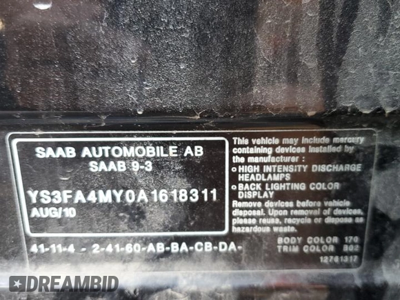 2010 Saab 9-3 z VIN YS3FA4MY0A1618311, wystawiony jako Copart lot #77884524 z przebiegiem 128 315 mil mil oraz Czysty tytuł • Clean title. Historia ofert i sprzedaży dostępna na DreamBid. Obrazek 12.