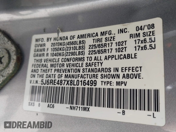 2008 Honda CR-V EX-L with VIN 5J6RE487X8L016499, listed as a IAAI auction lot 41842294 with 237,510 mi miles. Bid and sale history available at carsss.com. Image 9.