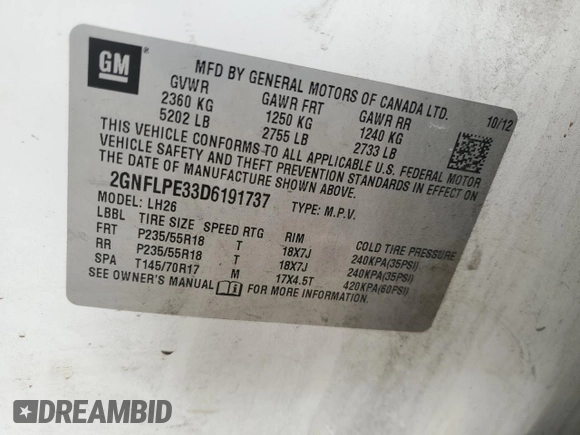 2013 Chevrolet Equinox LT with VIN 2GNFLPE33D6191737, listed as a Copart auction lot 82615844 with 217,612 mi miles and Non Repairable. Bid and sale history available at DreamBid. Image 12.